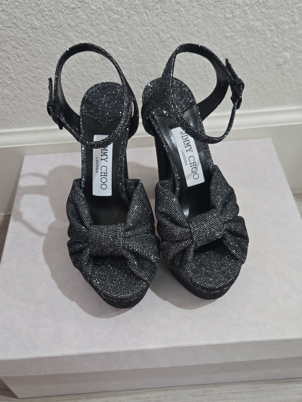 Jimmy Choo Black Sparkle Knotted Platform Sandals